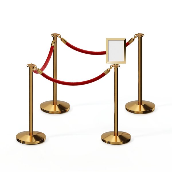 Montour Line Stanchion Post & Rope Kit Pol.Brass, 4FlatTop 3RedRope 8.5x11V Sign C-Kit-3-PB-FL-1-Tapped-1-8511-V-3-PVR-RD-PB